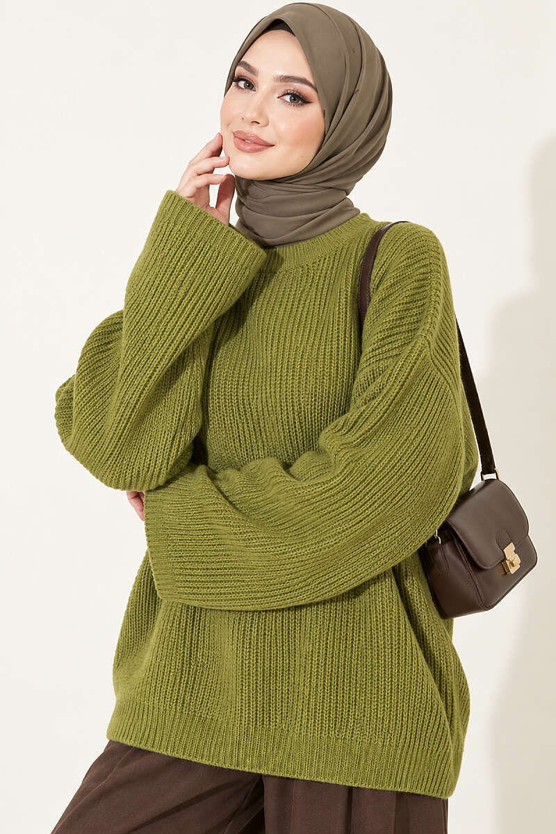 Oversized Textured Knit Tunic - Green