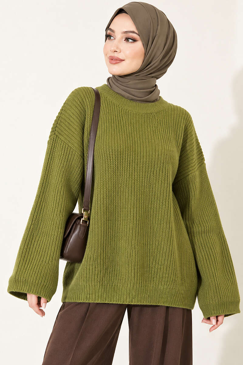 Oversized Textured Knit Tunic - Green