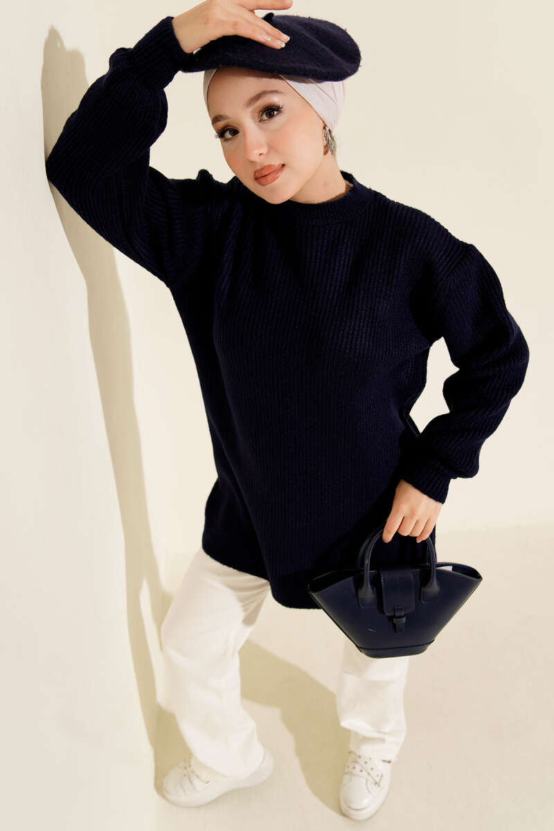 Soft Salonica-Stitch Knit Tunic - Navy