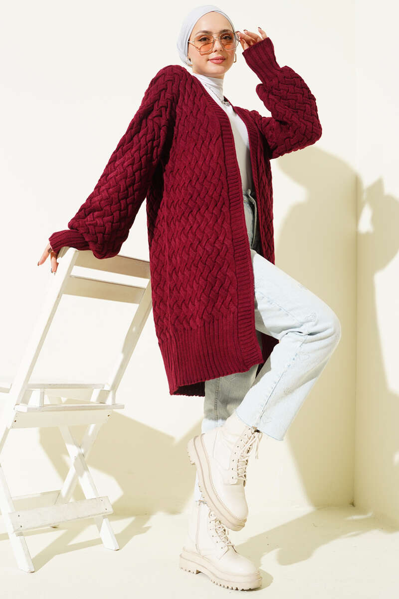 Basket-Weave Knit Cardigan - Burgundy