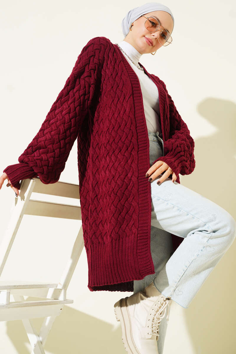 Basket-Weave Knit Cardigan - Burgundy