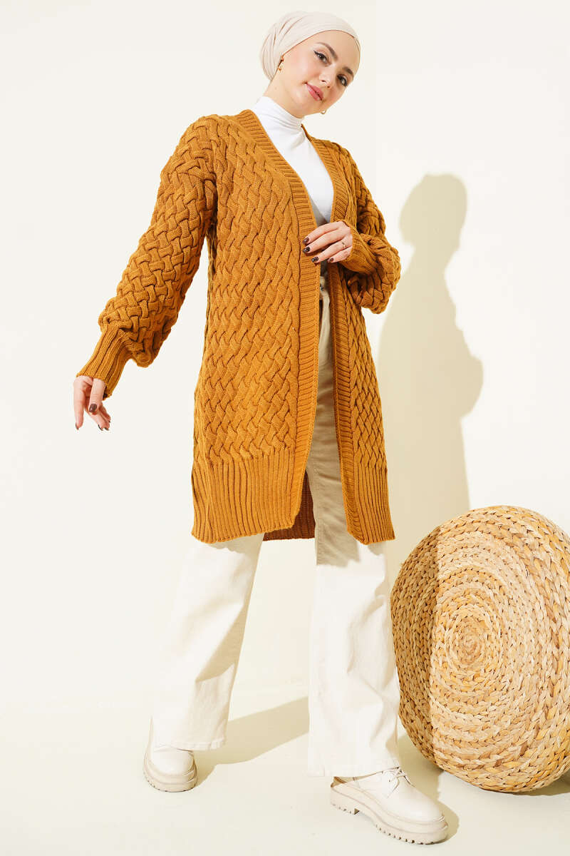 Basket-Weave Knit Cardigan - Mustard