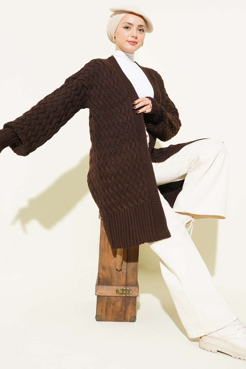 Basket-Weave Knit Cardigan - Brown