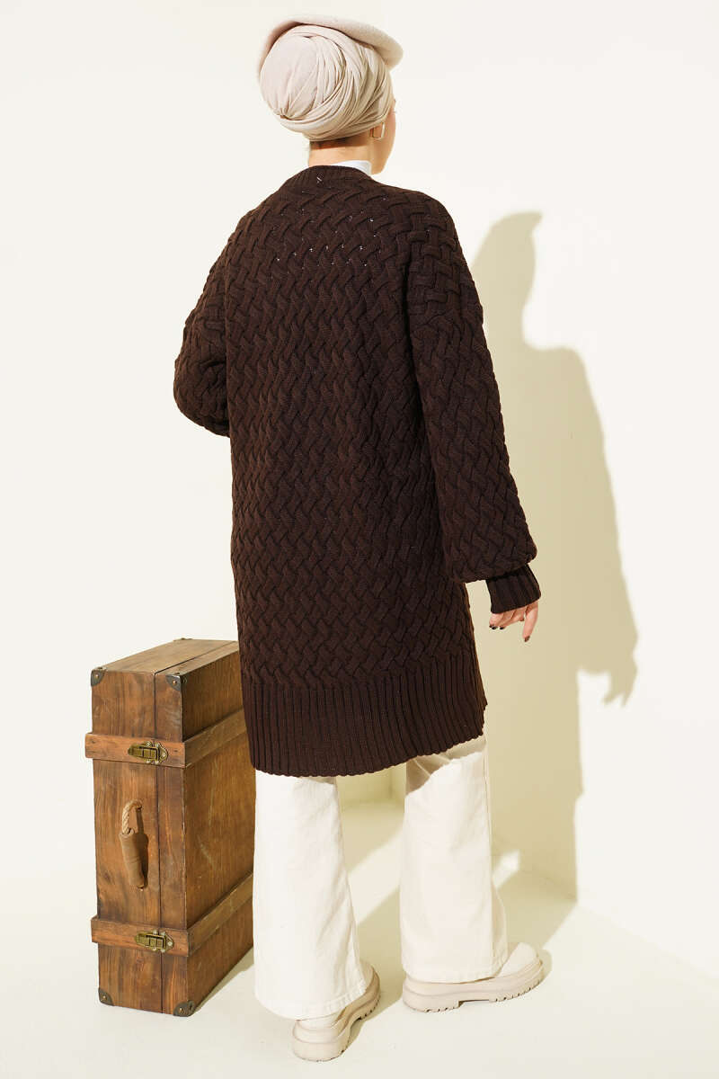 Basket-Weave Knit Cardigan - Brown