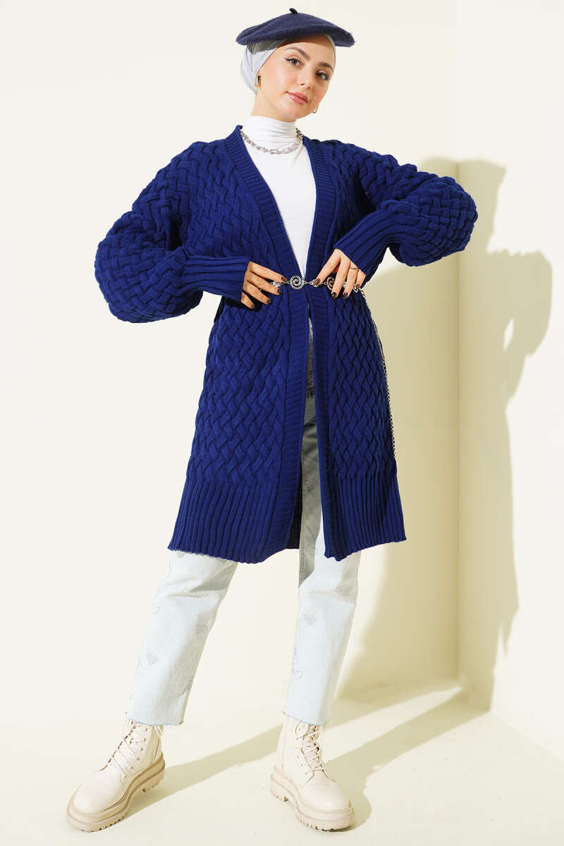 Basket-Weave Knit Cardigan - Navy