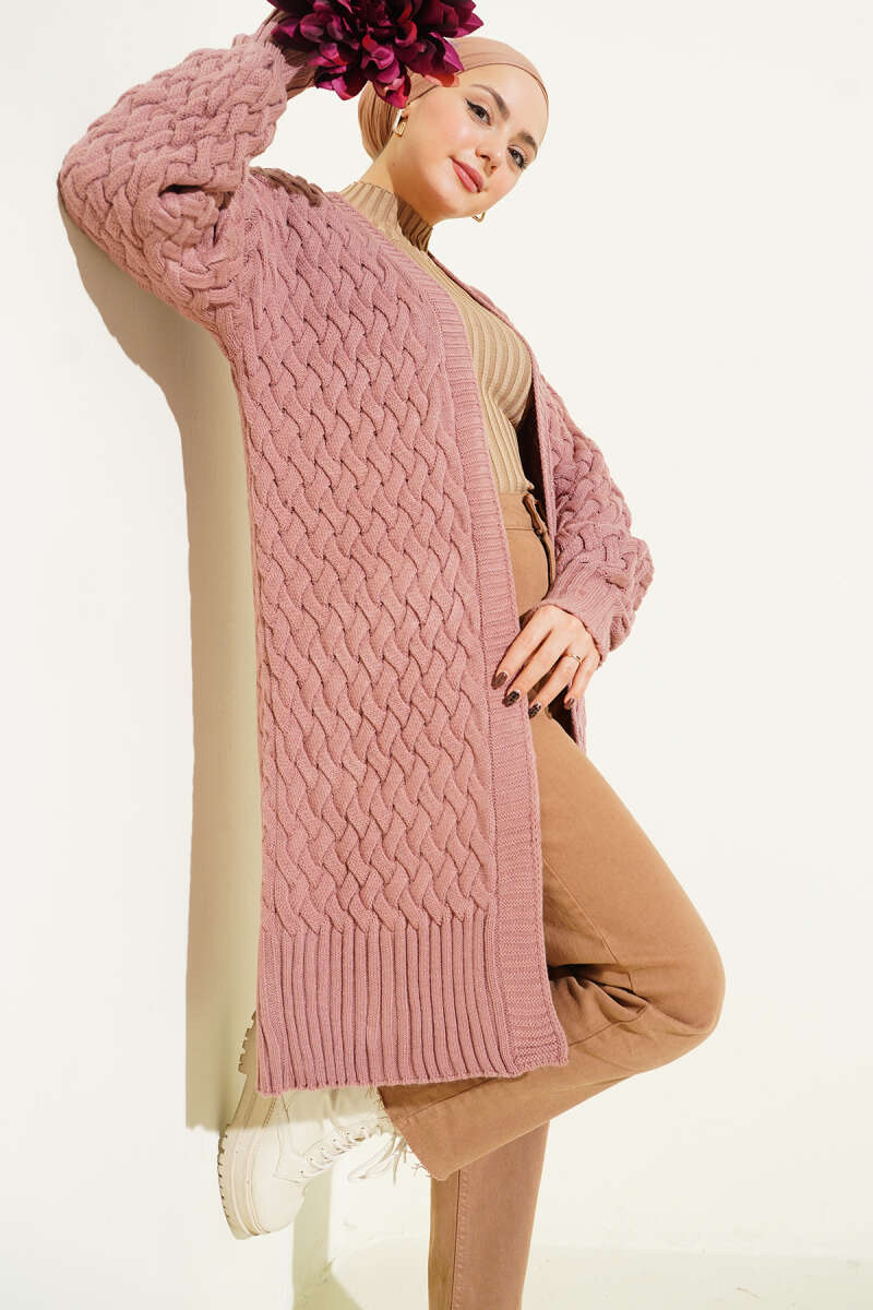 Basket-Weave Knit Cardigan - Powder