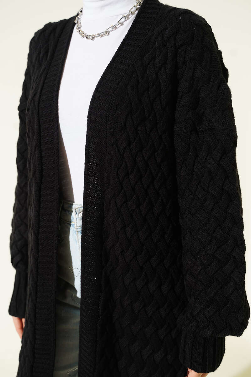 Basket-Weave Knit Cardigan - Black