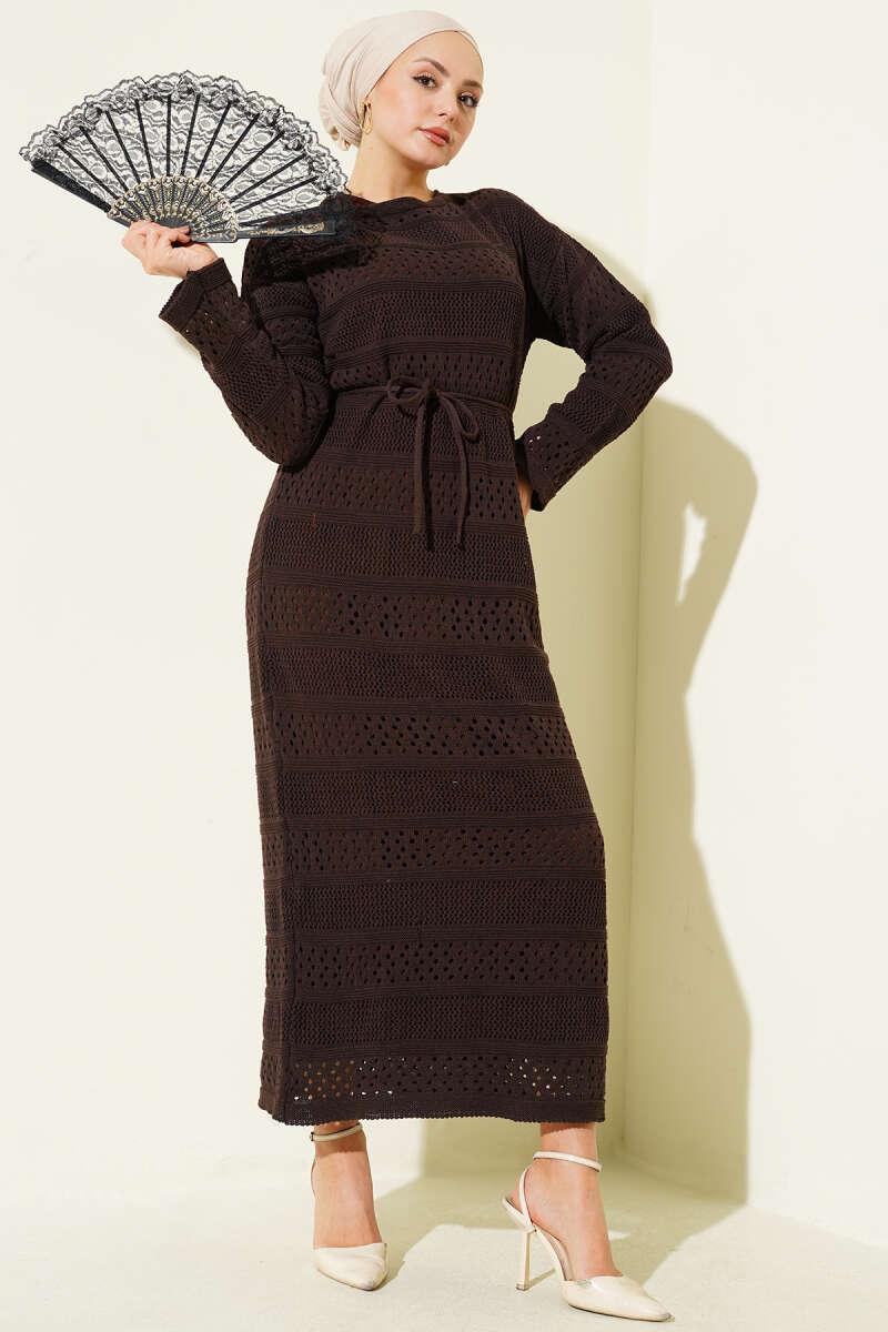 Pointelle Stripe Knit Dress - Dark Brown