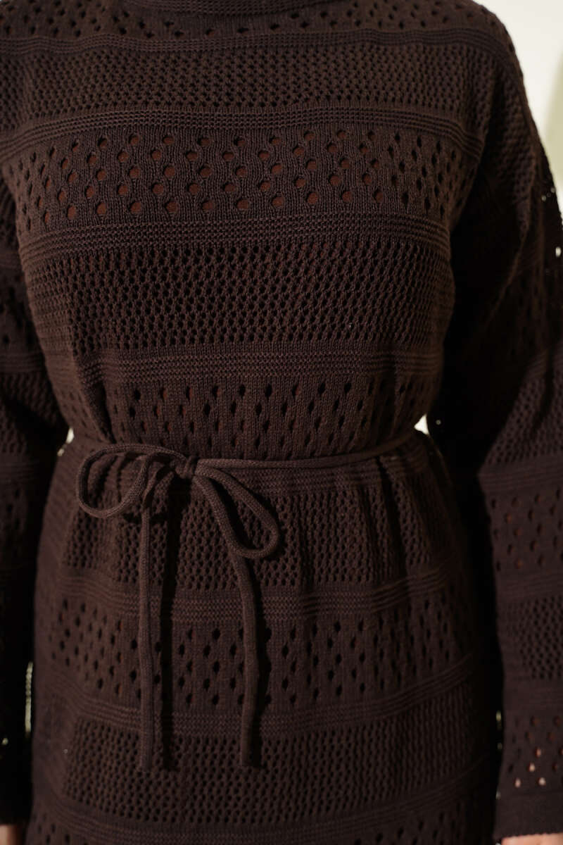 Pointelle Stripe Knit Dress - Dark Brown