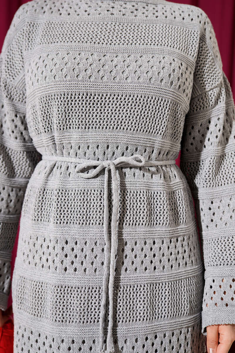 Pointelle Stripe Knit Dress - Grey