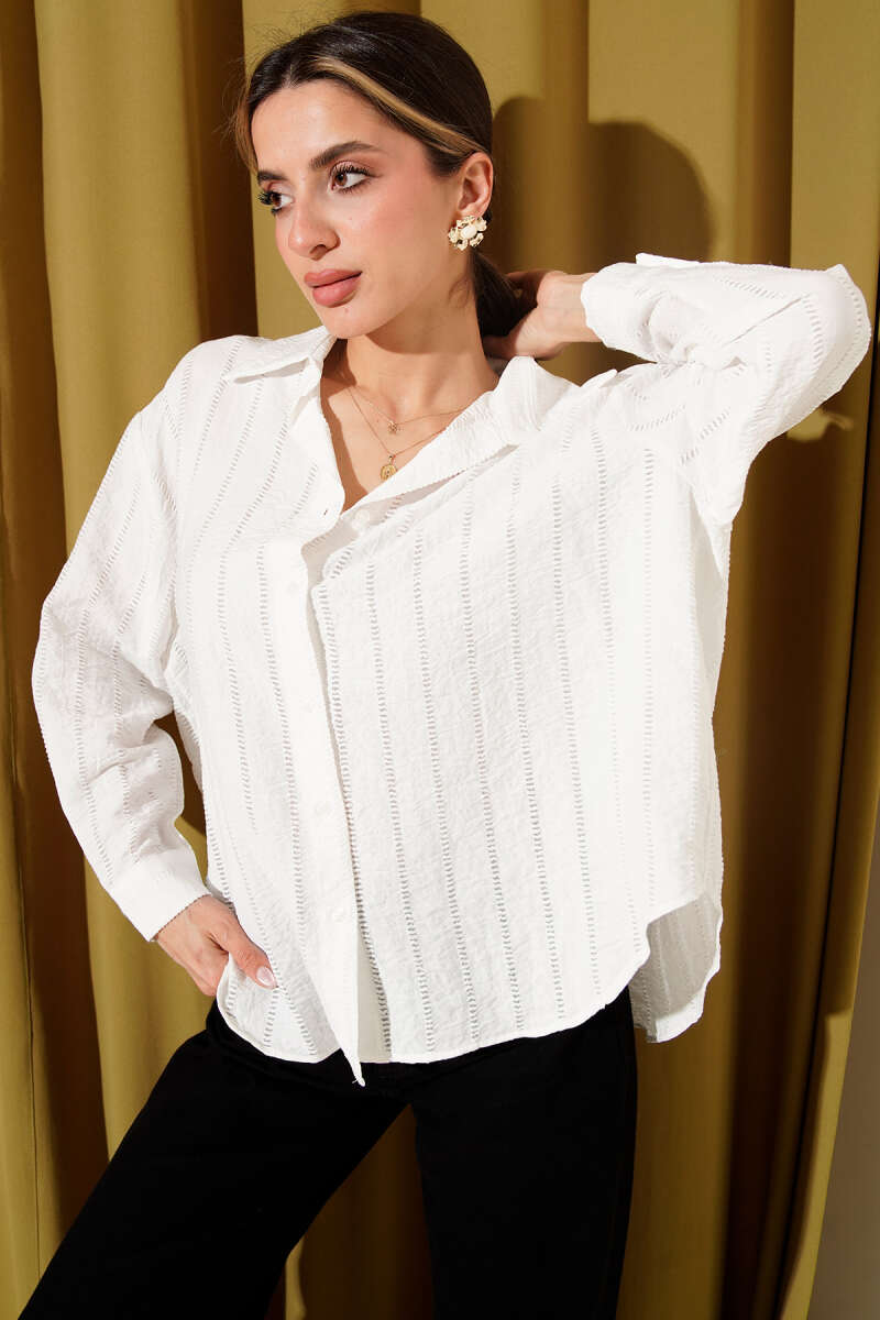 Oversized Basic Shirt with Embroidered Trim - Ecru