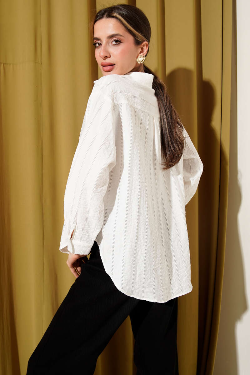 Oversized Basic Shirt with Embroidered Trim - Ecru