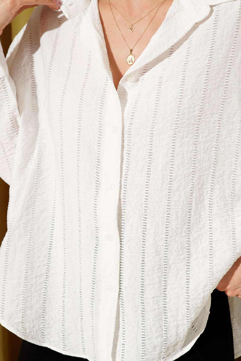 Oversized Basic Shirt with Embroidered Trim - Ecru