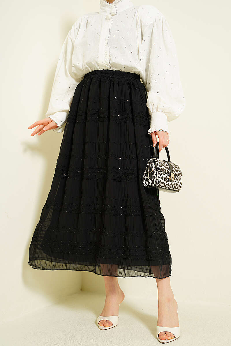 Sequin Chiffon Skirt with Gathered Bands - Black