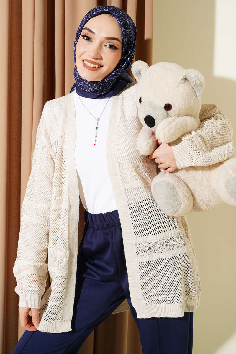 Striped-Pattern Pointelle Knit Cardigan - Stone