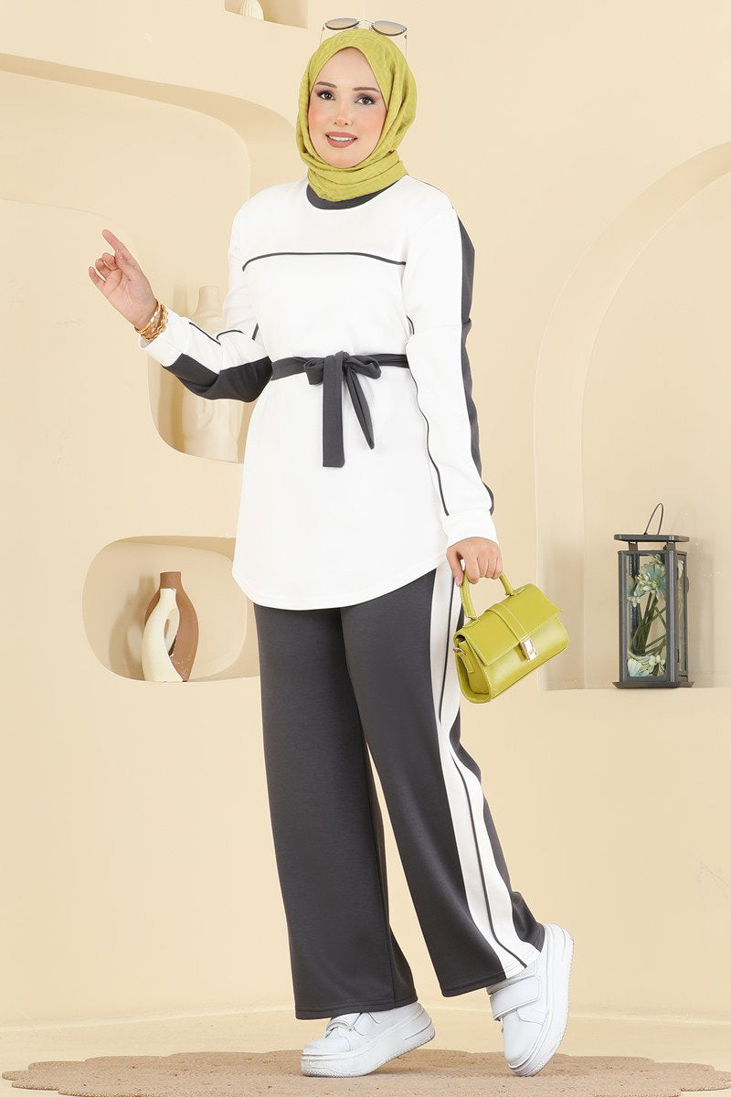 Stripe-Trim Modal Two-Piece Set - Charcoal