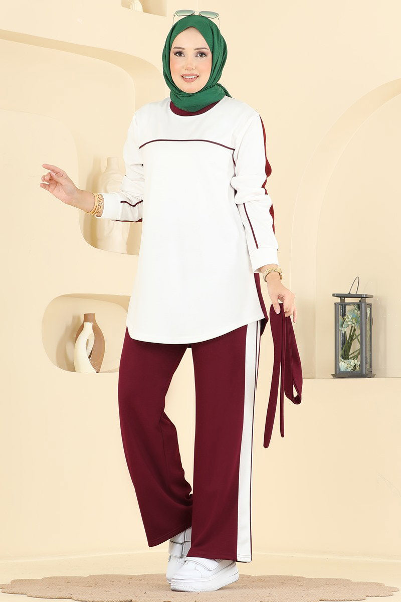Stripe-Trim Modal Two-Piece Set - Burgundy
