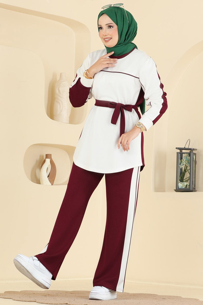 Stripe-Trim Modal Two-Piece Set - Burgundy