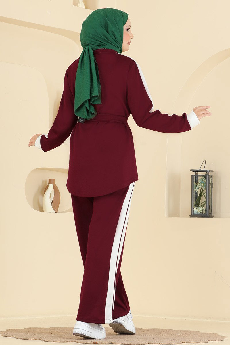 Stripe-Trim Modal Two-Piece Set - Burgundy