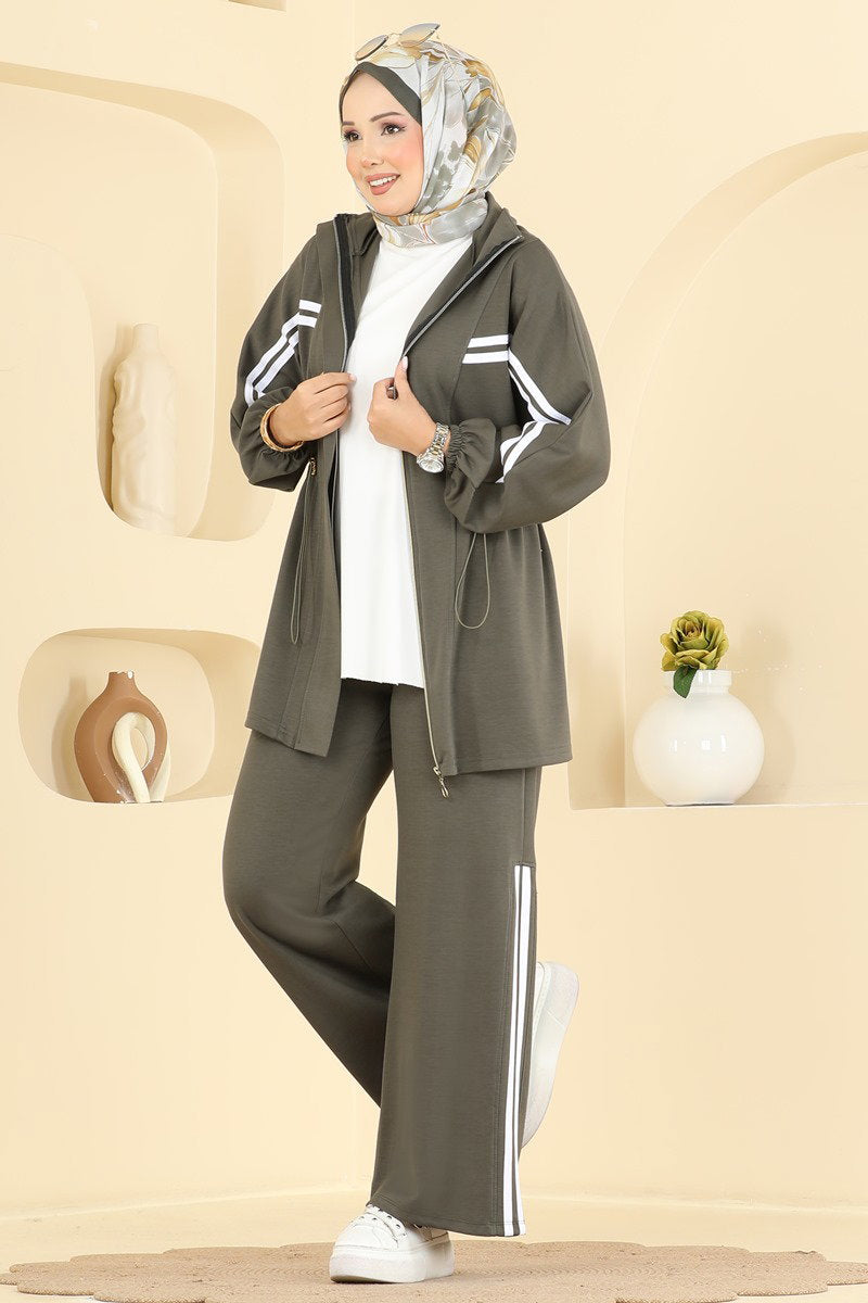 Two-Piece Modal Set with Stripe Trim - Khaki