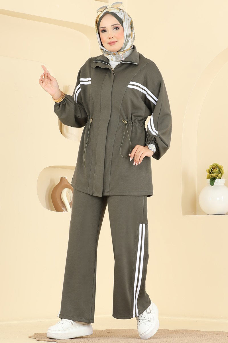 Two-Piece Modal Set with Stripe Trim - Khaki