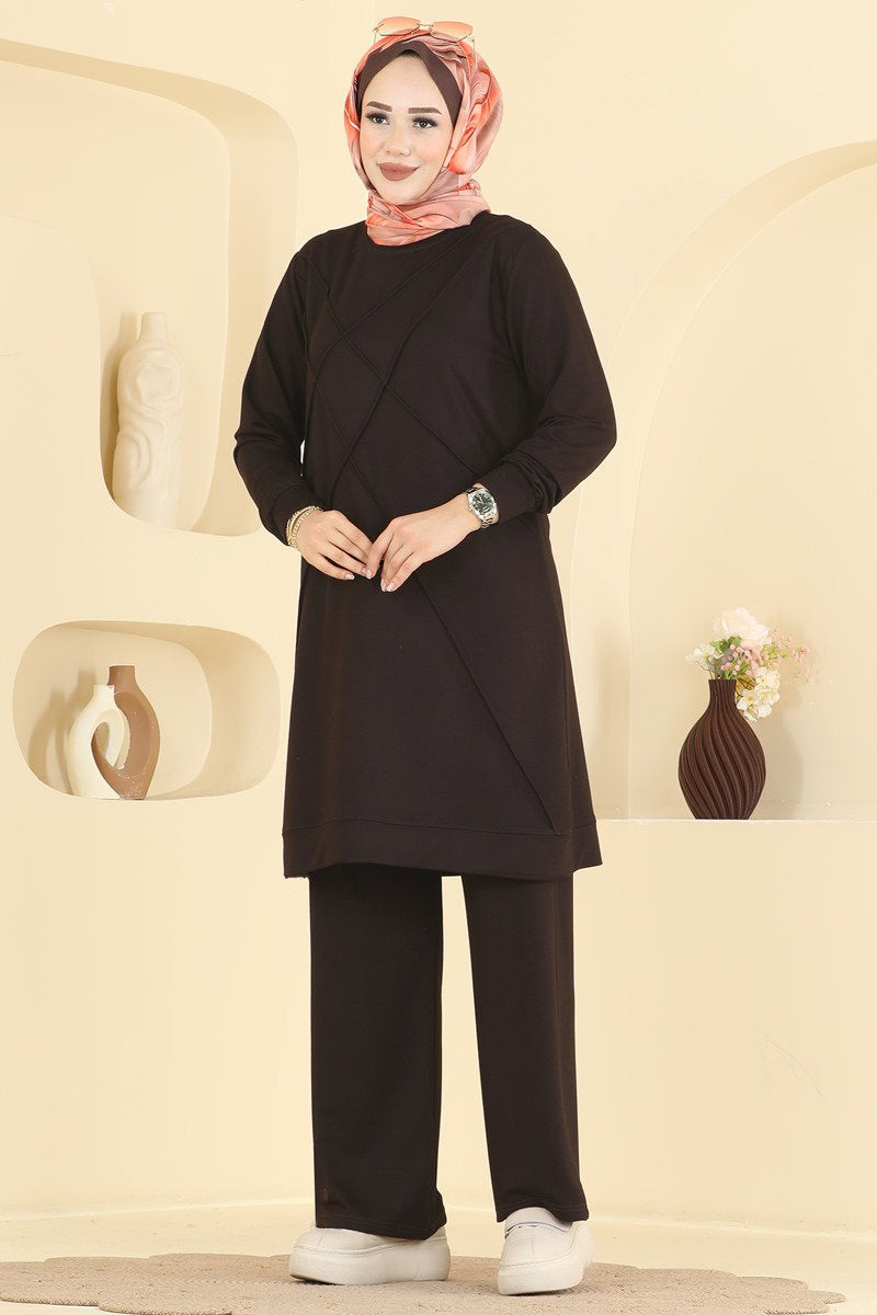 Modal Two-Piece Set with Stripe Trim - Dark Brown