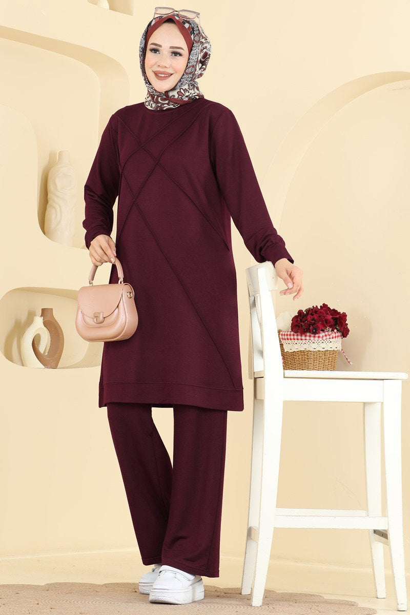 Modal Two-Piece Set with Stripe Trim - Burgundy