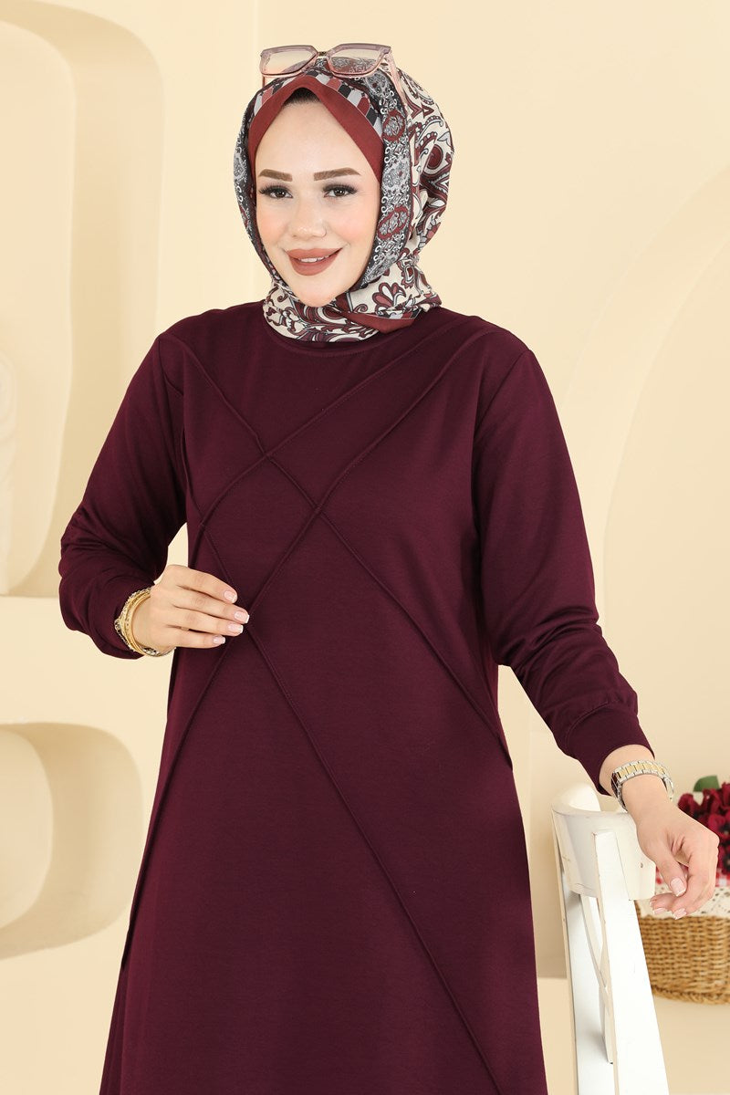 Modal Two-Piece Set with Stripe Trim - Burgundy