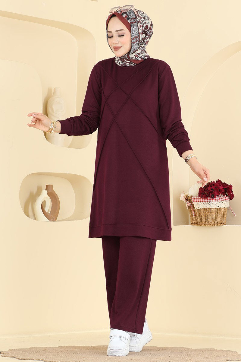 Modal Two-Piece Set with Stripe Trim - Burgundy