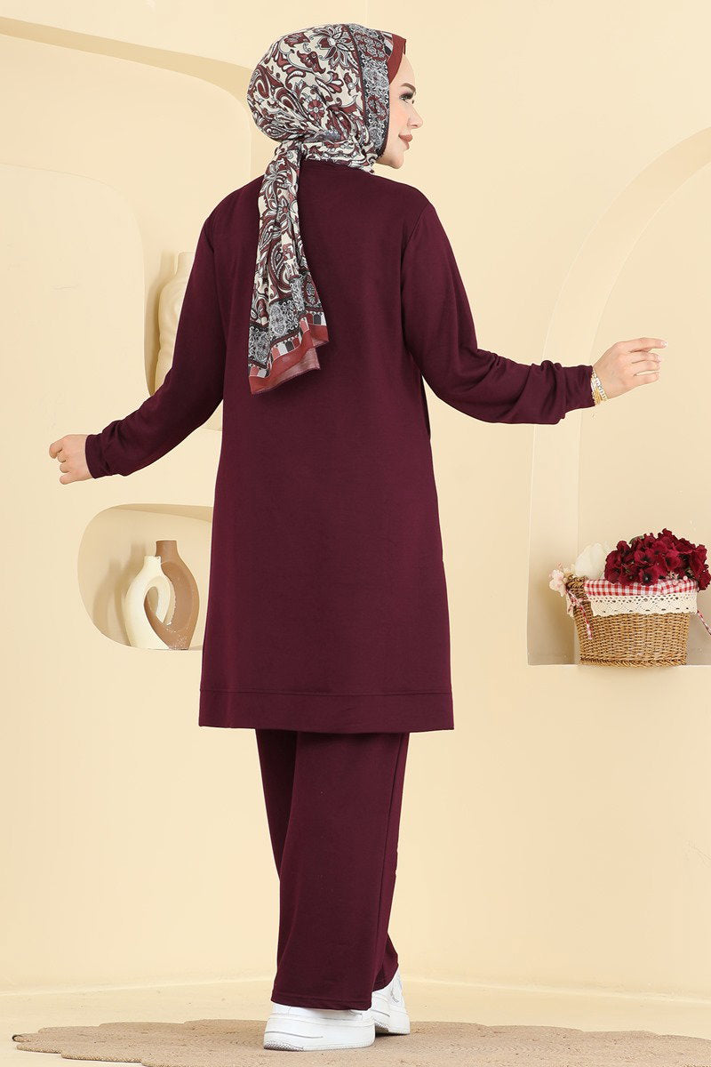 Modal Two-Piece Set with Stripe Trim - Burgundy