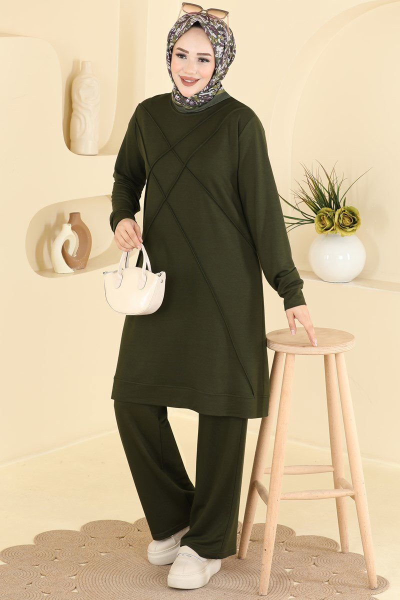 Modal Two-Piece Set with Stripe Trim - Khaki