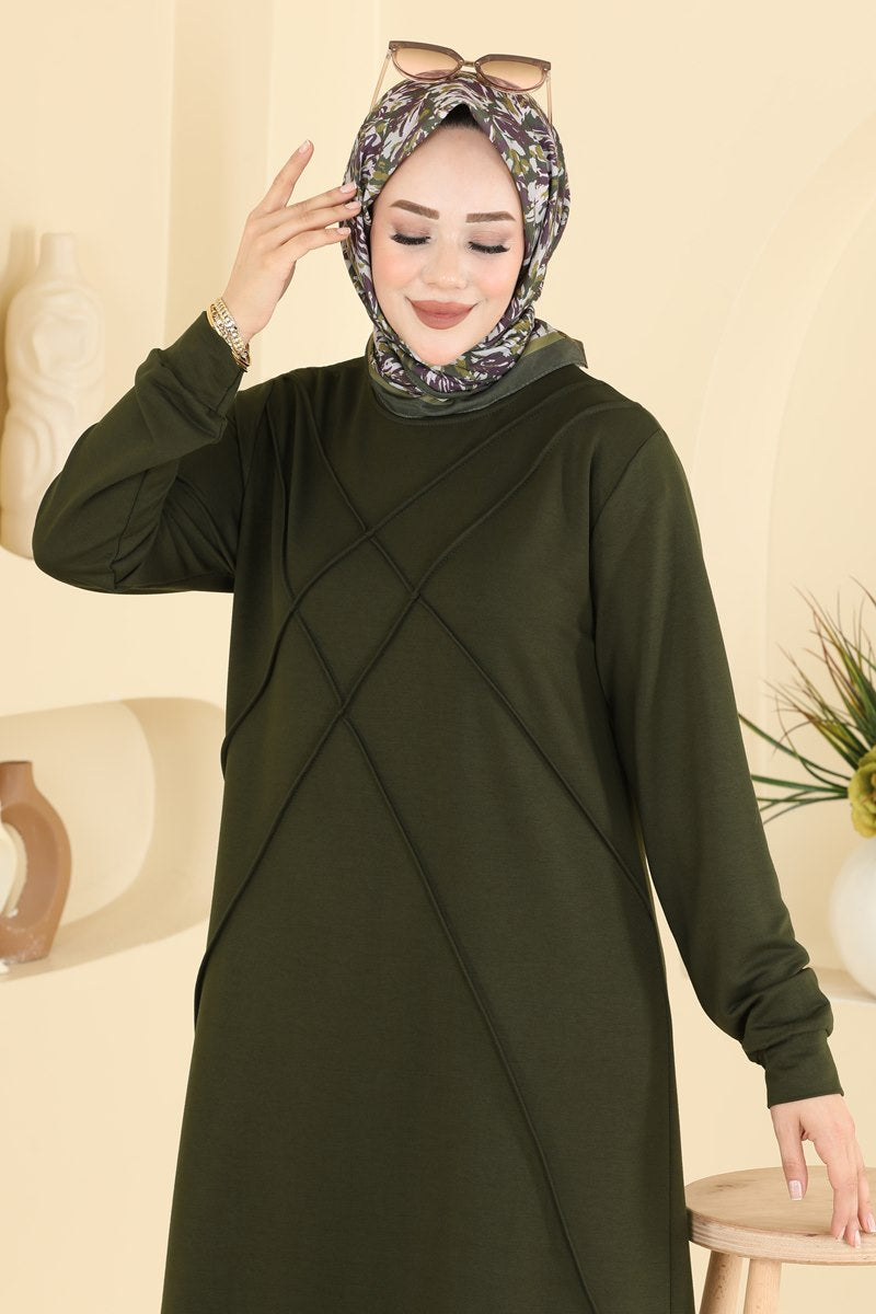 Modal Two-Piece Set with Stripe Trim - Khaki
