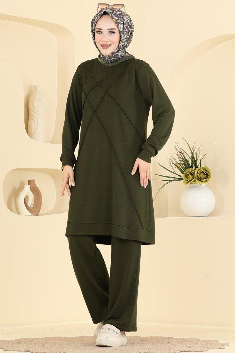 Modal Two-Piece Set with Stripe Trim - Khaki