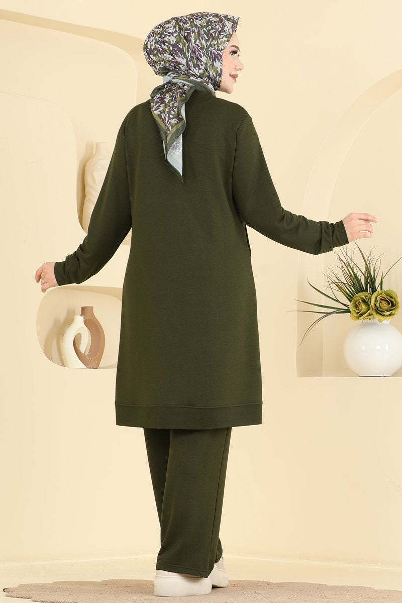 Modal Two-Piece Set with Stripe Trim - Khaki