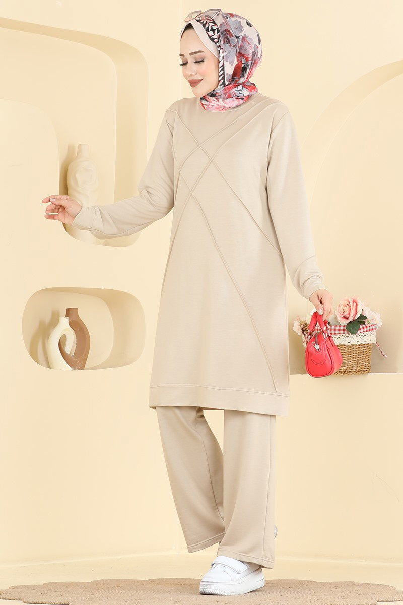 Modal Two-Piece Set with Stripe Trim - Stone