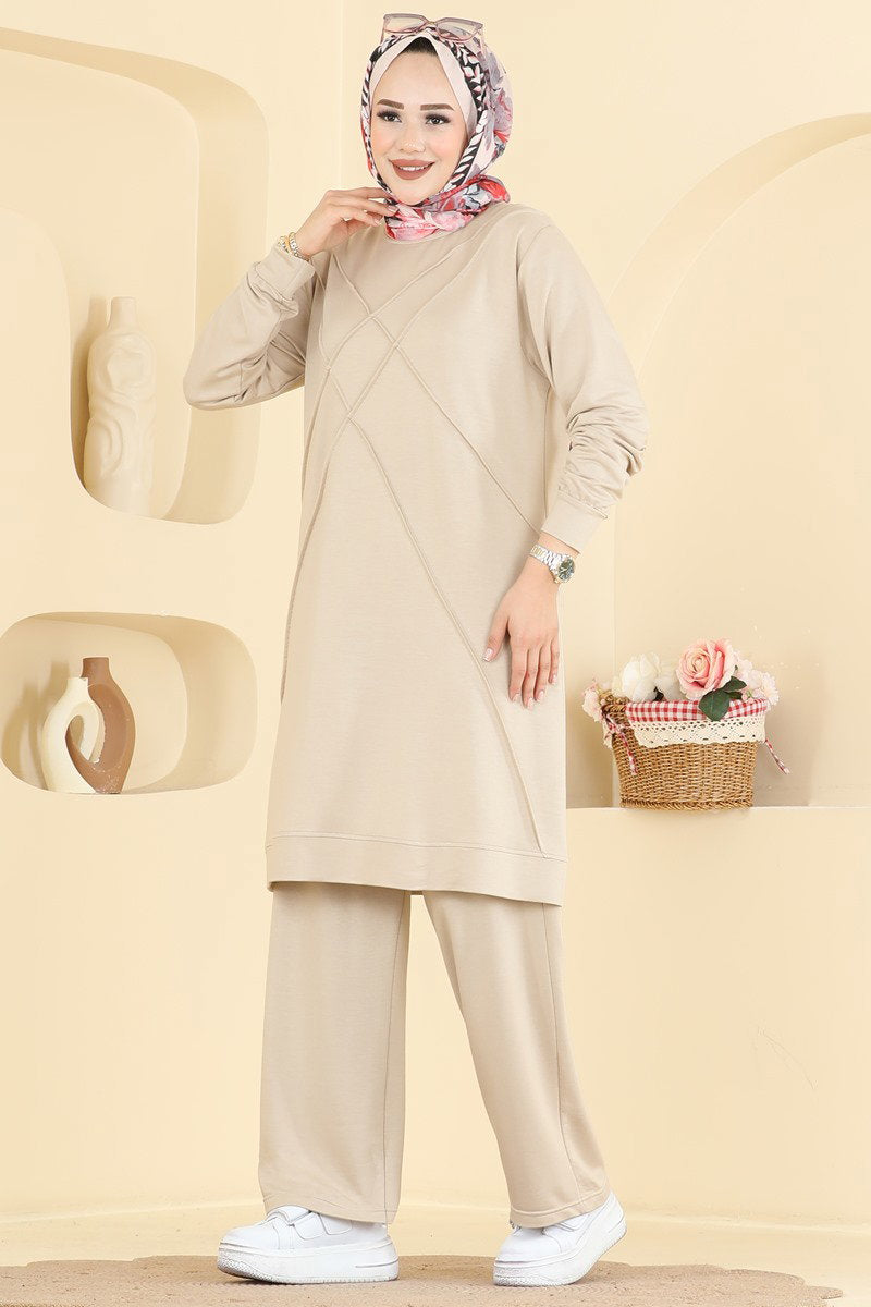 Modal Two-Piece Set with Stripe Trim - Stone
