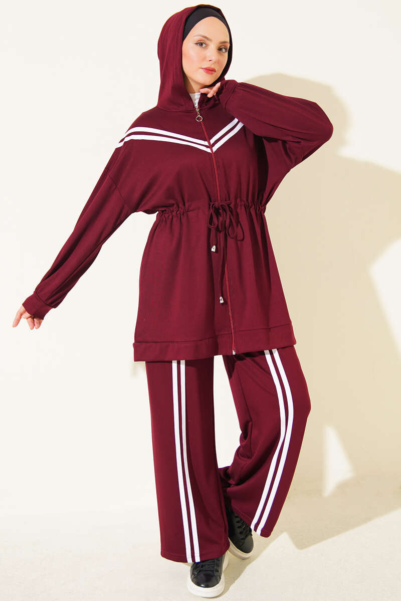 Two-Piece Set with Stripe Trim and Drawstring Waist - Burgundy