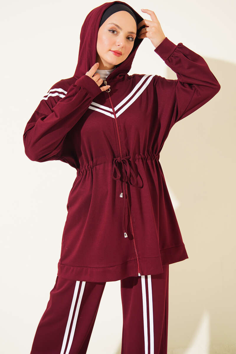 Two-Piece Set with Stripe Trim and Drawstring Waist - Burgundy