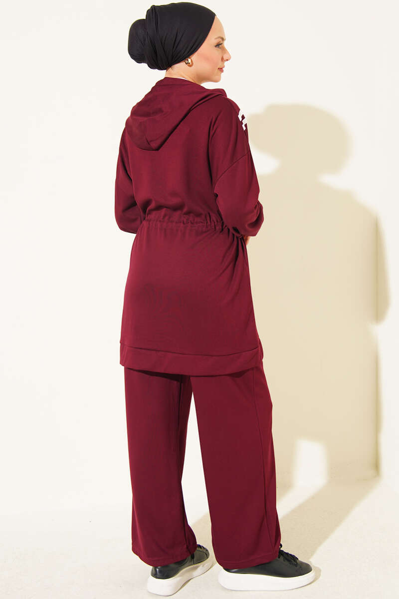 Two-Piece Set with Stripe Trim and Drawstring Waist - Burgundy