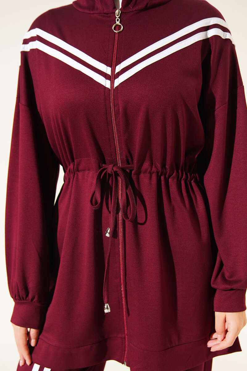 Two-Piece Set with Stripe Trim and Drawstring Waist - Burgundy