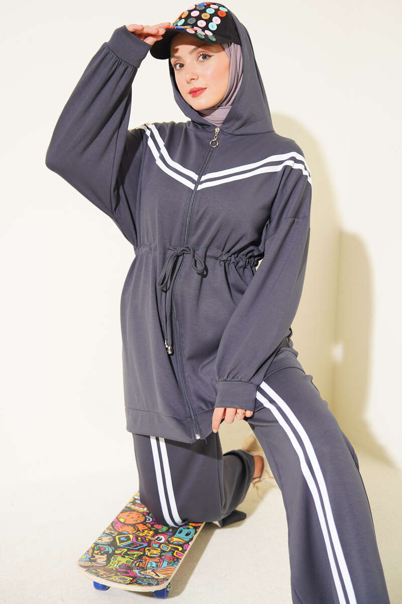 Two-Piece Set with Stripe Trim and Drawstring Waist - Smoke Grey
