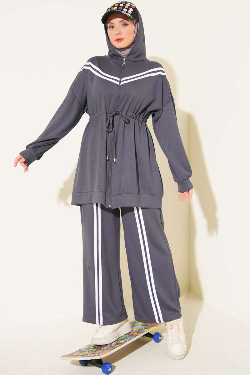 Two-Piece Set with Stripe Trim and Drawstring Waist - Smoke Grey