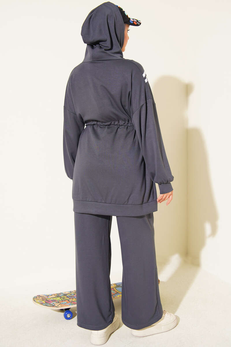 Two-Piece Set with Stripe Trim and Drawstring Waist - Smoke Grey