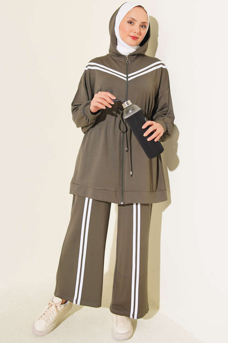 Two-Piece Set with Stripe Trim and Drawstring Waist - Khaki