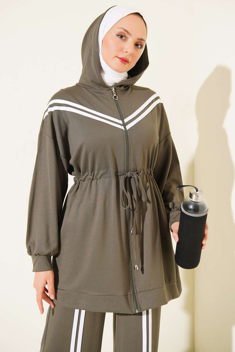 Two-Piece Set with Stripe Trim and Drawstring Waist - Khaki