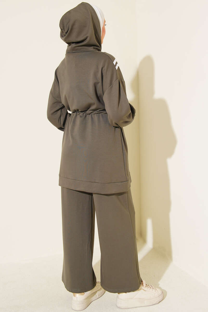 Two-Piece Set with Stripe Trim and Drawstring Waist - Khaki