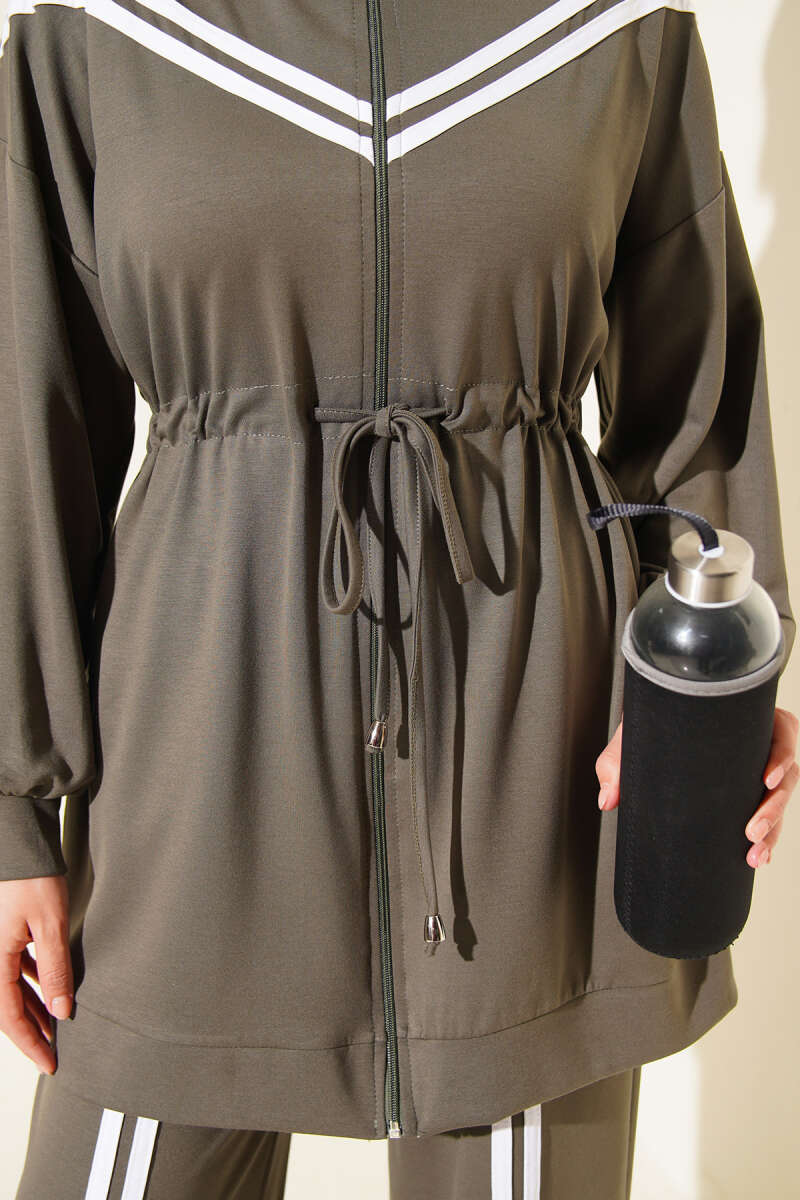 Two-Piece Set with Stripe Trim and Drawstring Waist - Khaki