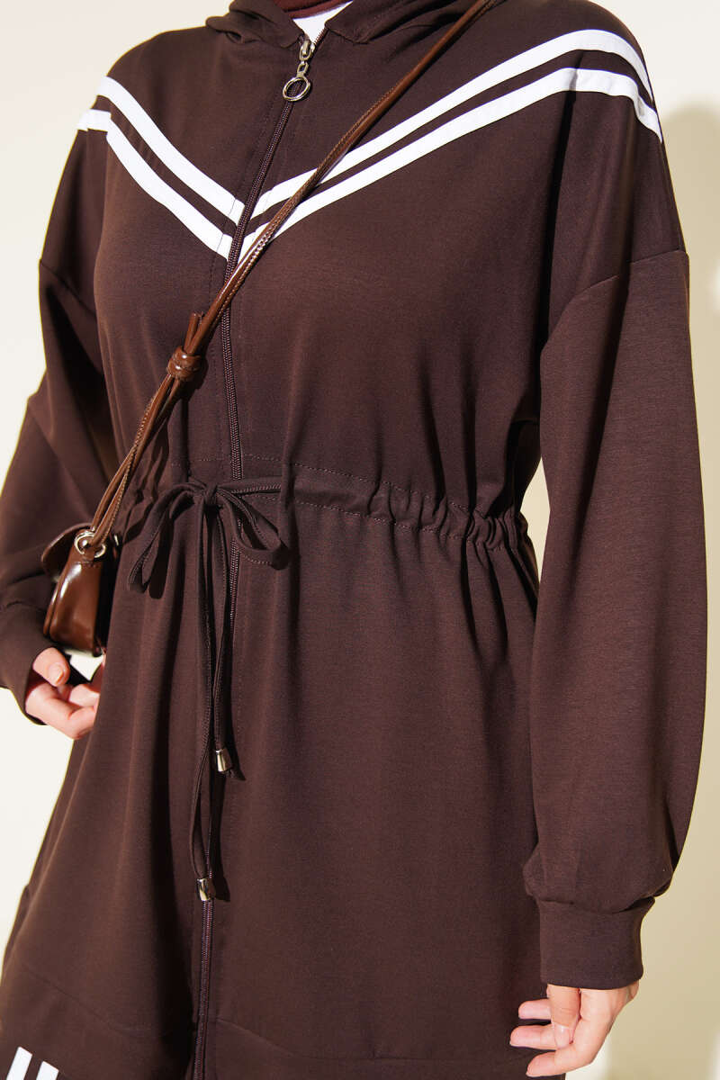 Two-Piece Set with Stripe Trim and Drawstring Waist - Brown