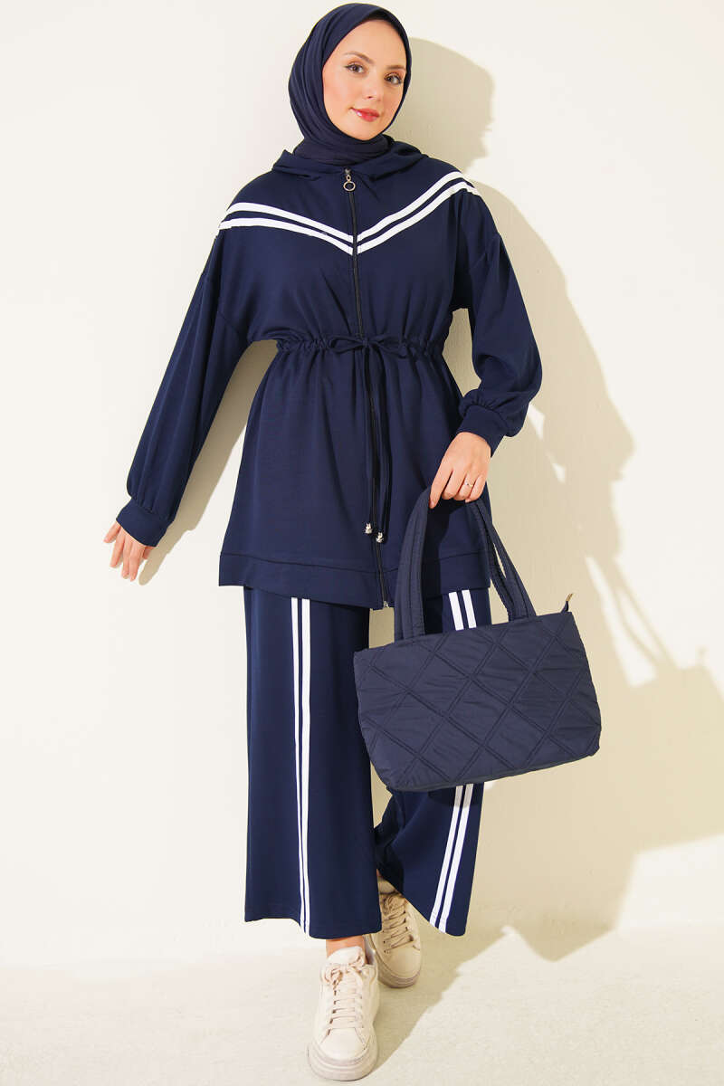 Two-Piece Set with Stripe Trim and Drawstring Waist - Navy