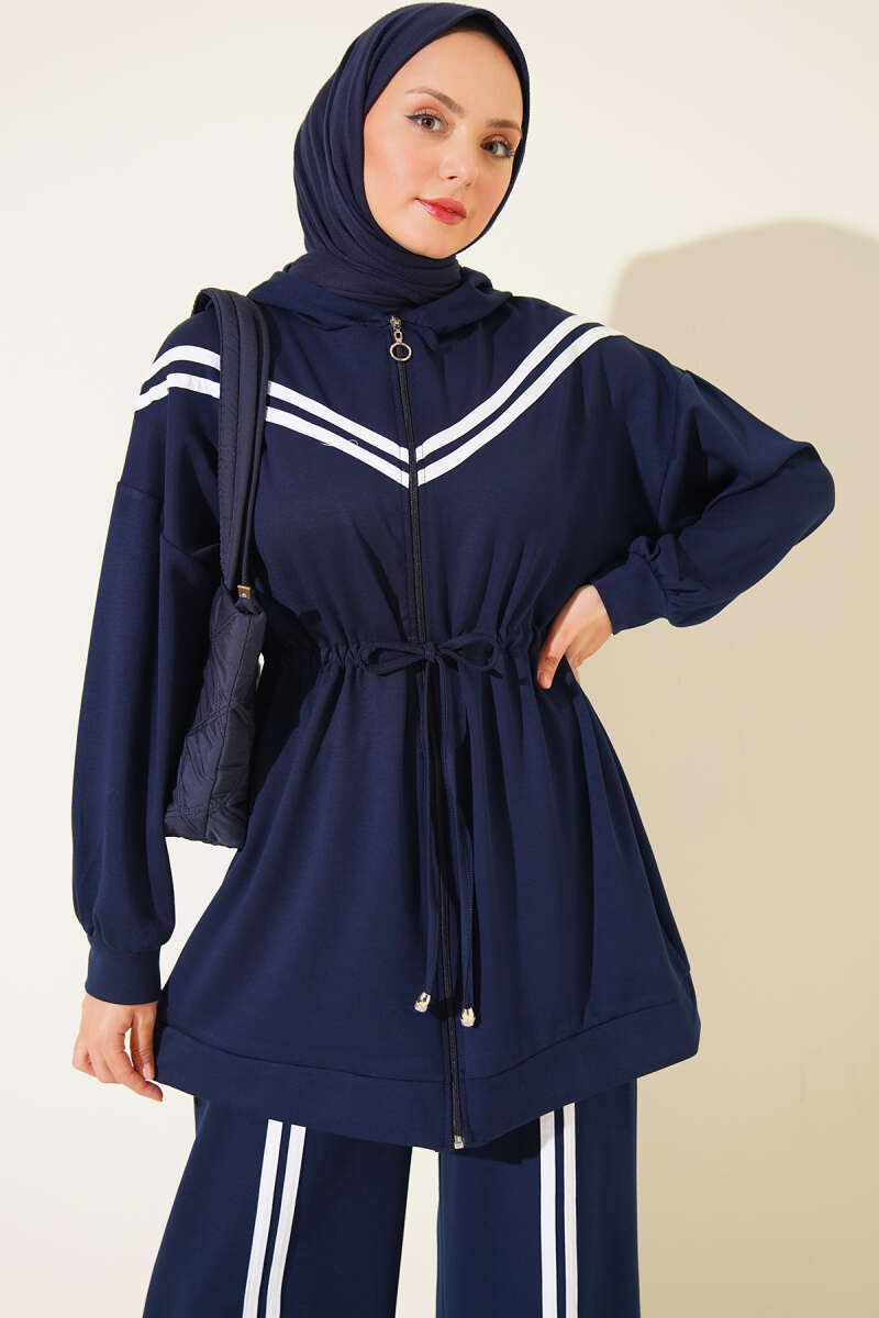Two-Piece Set with Stripe Trim and Drawstring Waist - Navy